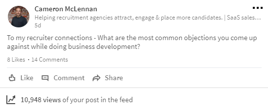 Image of Cammy McLennan's LinkedIn update on business development in recruitment.