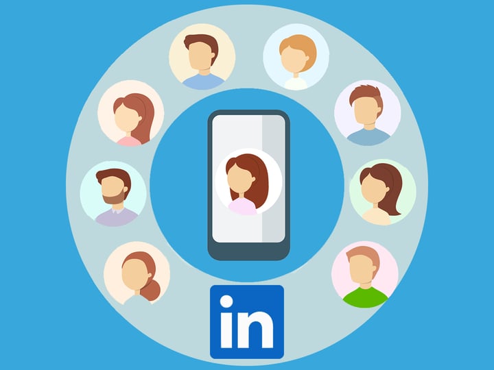 faces around smartphone and LinkedIn logo