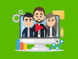 three business people coming out of video screen