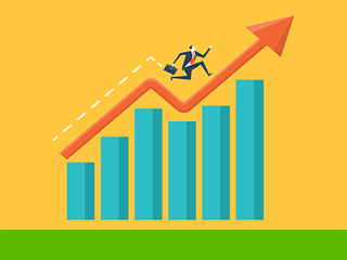 Image of a businessman climbing an upwards graph.