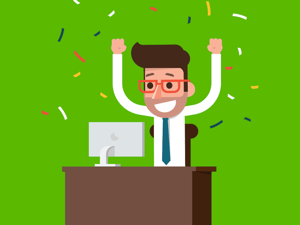 A recruiter celebrating behind desk