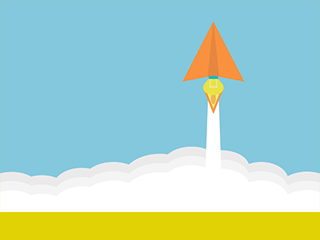 Orange paper plane rocketing above the clouds.