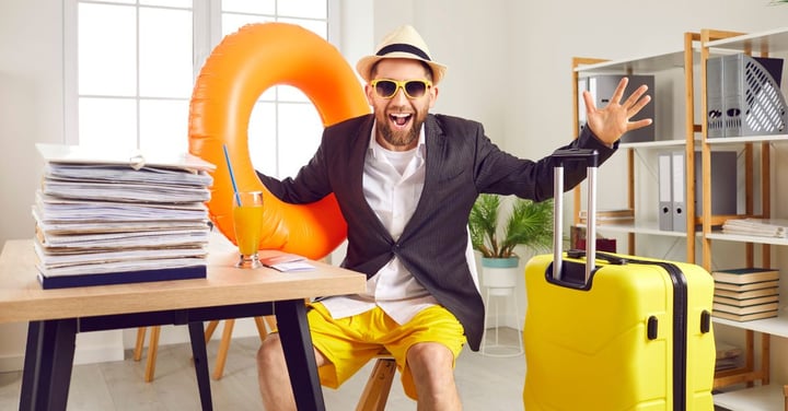 man at the office with a suitcase and sunglasses and a floatie