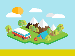 Summer camp, campervan, trees, mountains, tent, campfire.