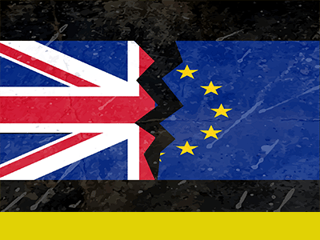 Brexit image, crack between UK and EU flags.