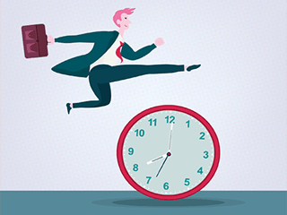 Cartoon of a successful businessman vaulting over a clock.