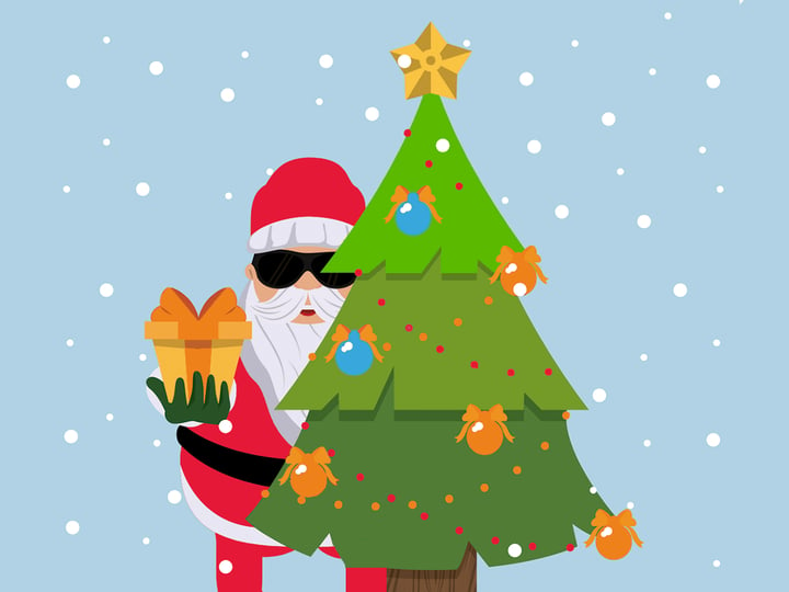 Santa wearing sun glasses hiding sneakily offering a present from behind a tree