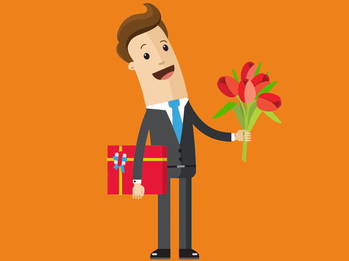 A recruiter holding out flowers and chocolates for a client. 