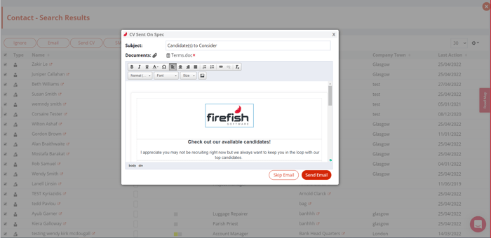 Screenshot of Firefish CRM system