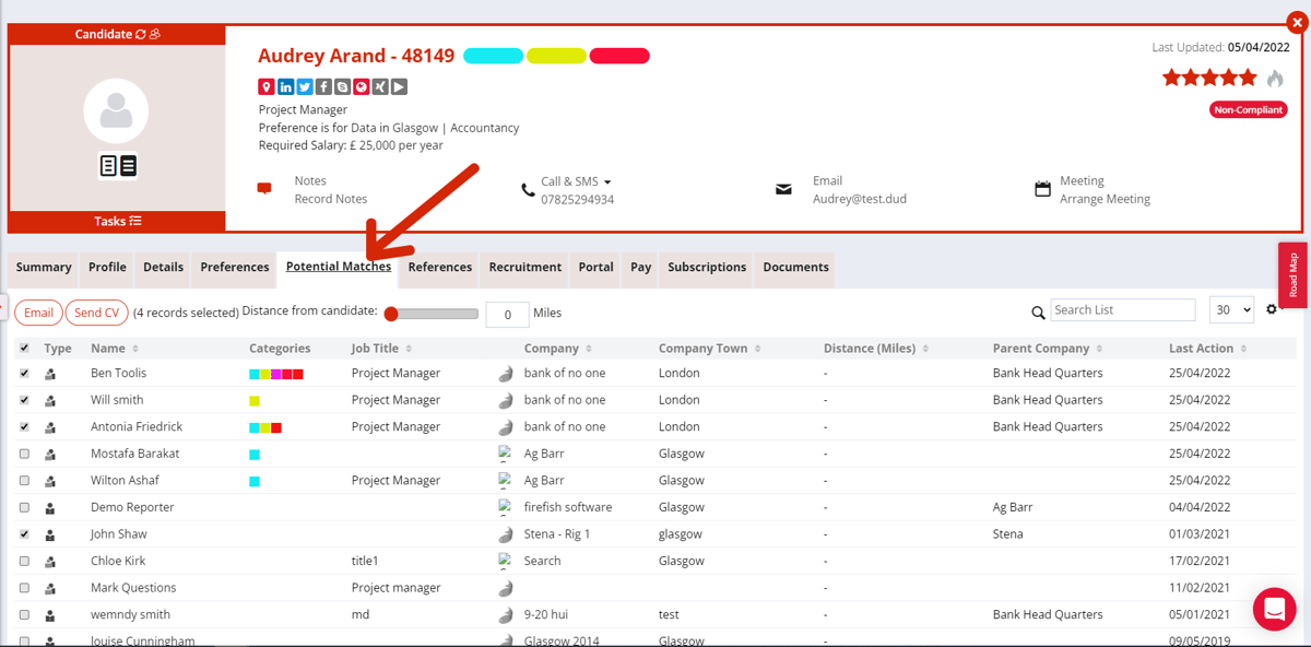 Screenshot of Firefish CRM system