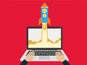A computer with a rocket taking off (a good recruitment website)